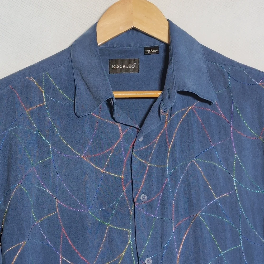 Riscatto Sz L Men's Blue Silk Embroidered Abstract Shirt